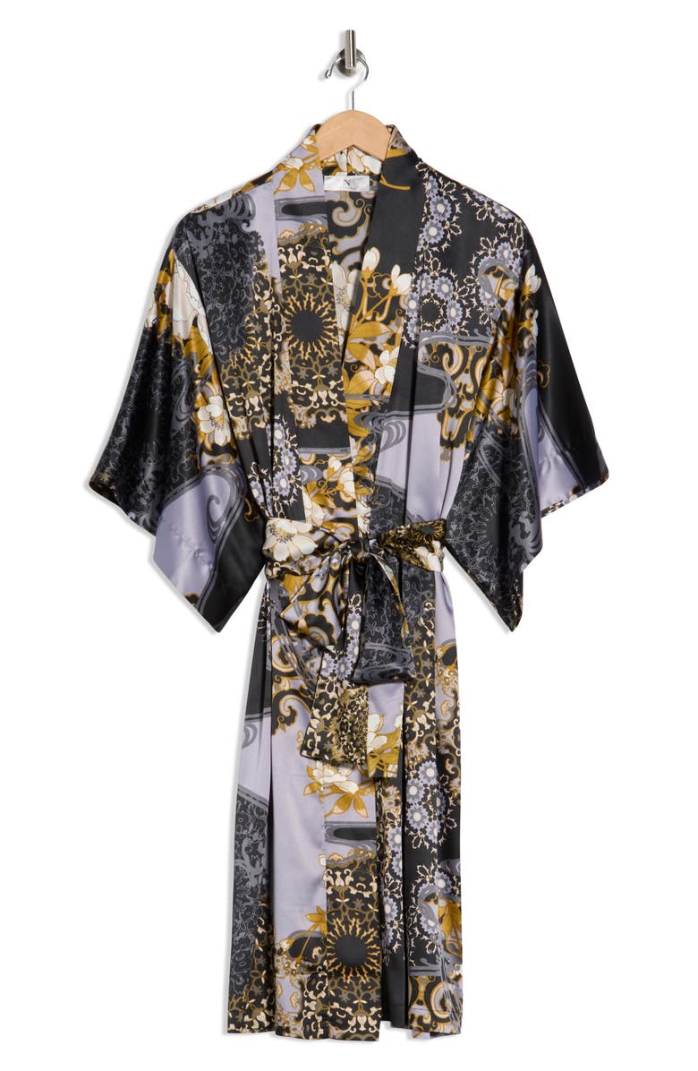 Natori Filigree Satin Robe, Alternate, color, Silver Black