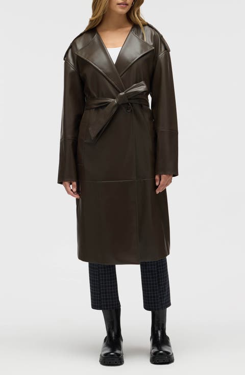 Belted Faux Leather Trench Coat