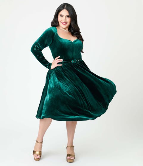 Plus Size Long Sleeve Sweetheart Velvet Swing Dress