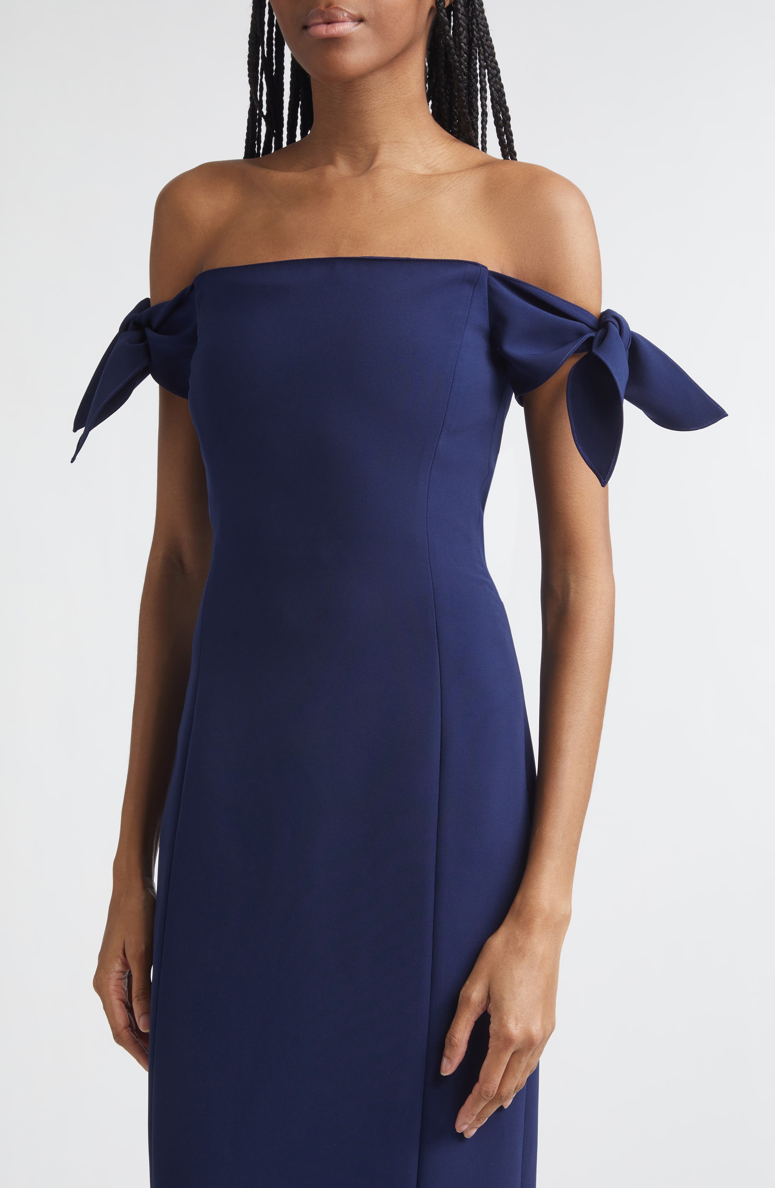 off the shoulder stretch crepe ruched dress White Long Off The Shoulder Off-The-Shoulder Sweep Train Wedding Satin Stretch Crepe