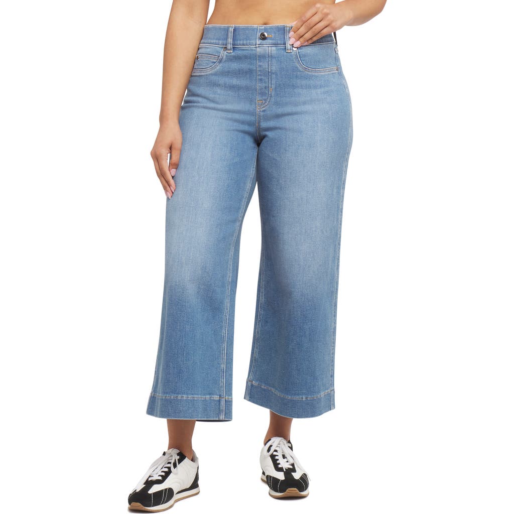 Spanx Cropped Wide Leg Jeans In Stonewashed Blue In Stonewashed Blue