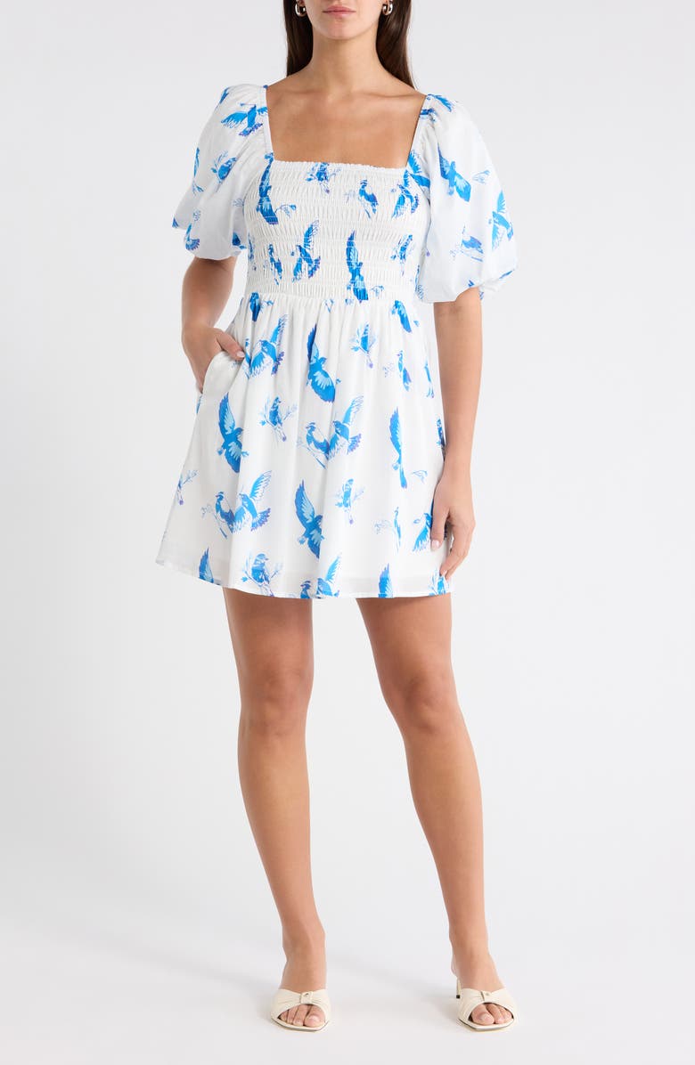 SUGARLIPS Hailie Bluebird Print Smocked Minidress, Main, color, White Blue Combo