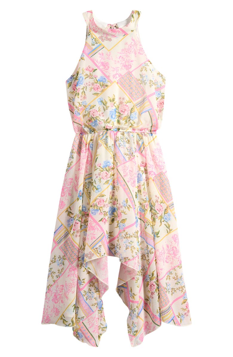 Ava & Yelly Kids' Patchwork Print Chiffon Sleeveless Handkerchief Hem Dress, Main, color, Off White