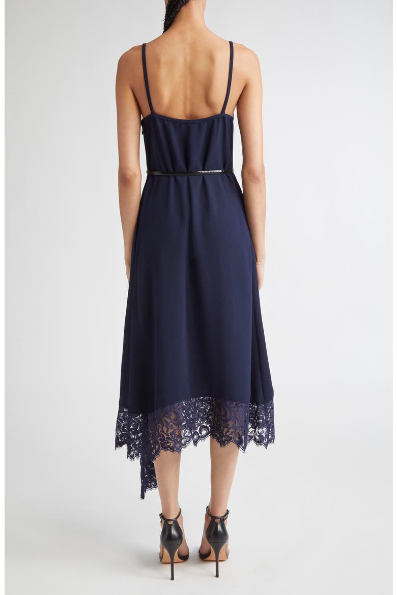 Lace Trim Asymmetric Satin Back Crepe Dress, Alternate, color, MIDNIGHT