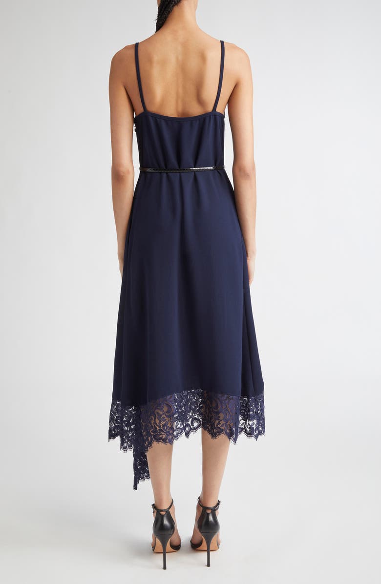 ST. JOHN Lace Trim Asymmetric Satin Back Crepe Dress, Alternate, color, Midnight