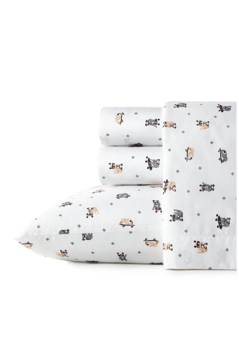 Skateboarding Bulldogs 200 Thread Count Cotton Percale Sheet Set, Main, color, GREY