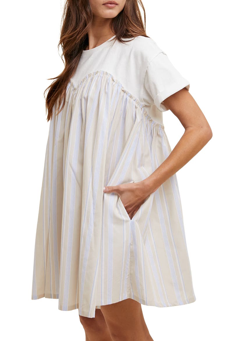 Stripe Twofer Mixed Media Cotton Babydoll Dress, Alternate, color, TAUPE COMBO