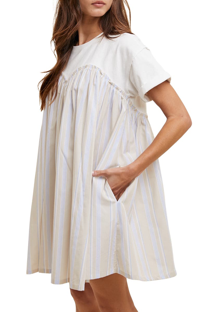 WISHLIST Stripe Twofer Mixed Media Cotton Babydoll Dress, Alternate, color, Taupe Combo