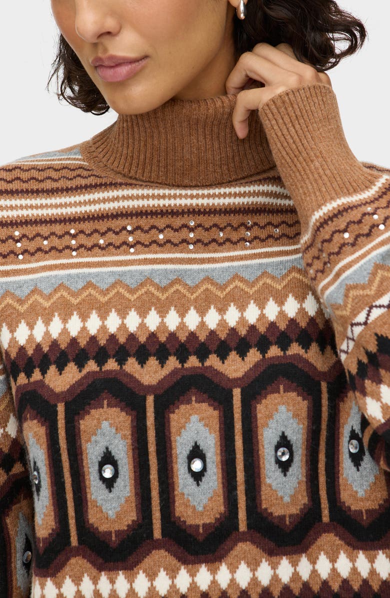 ALIGNE Christine Embellished Fair Isle Cotton & Wool Blend Turtleneck Sweater, Alternate, color, Brown