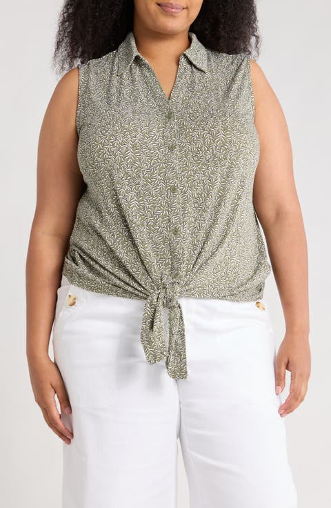 Sleeveless Tie Front Button-Up Top (Plus)