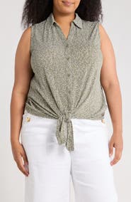 Adrianna Papell Sleeveless Tie Front Button-Up Top