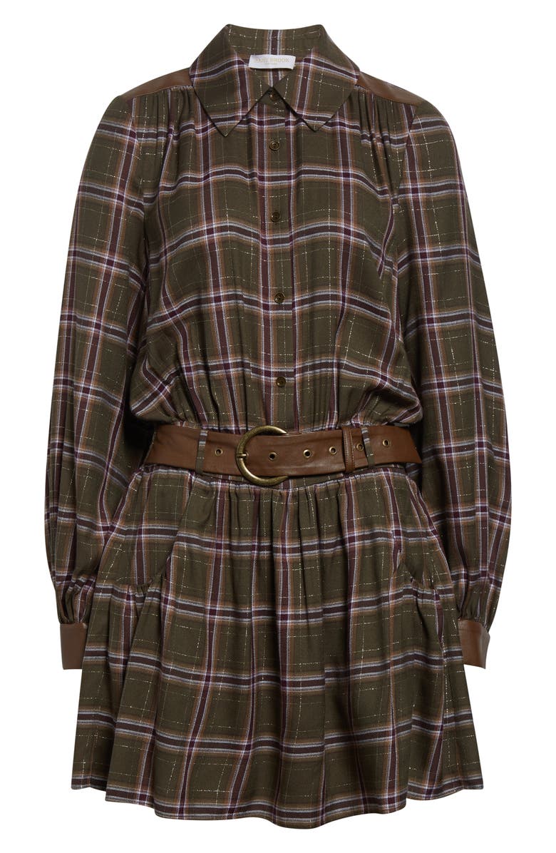 Ramy Brook Jim Belted Metallic Long Sleeve Dress, Alternate, color, Deep Olive Plaid