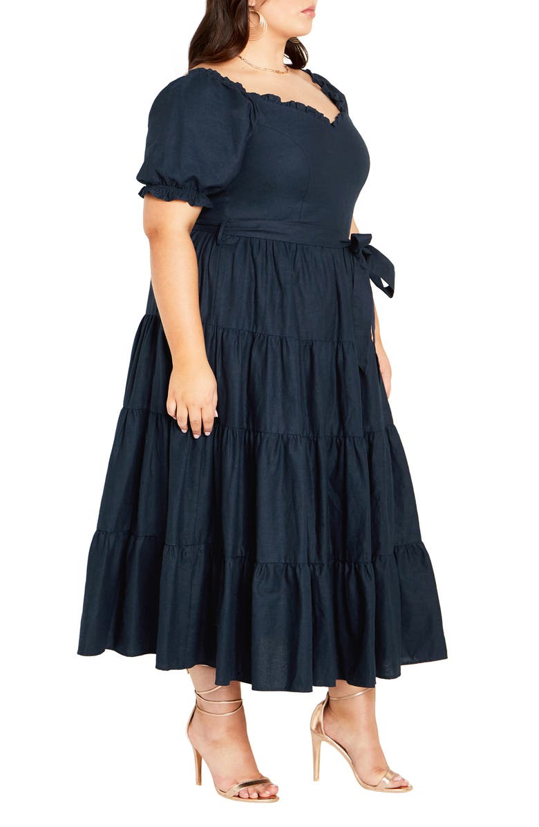 City Chic Puff Sleeve Tie Belt Midi Dress, Alternate, color, Navy