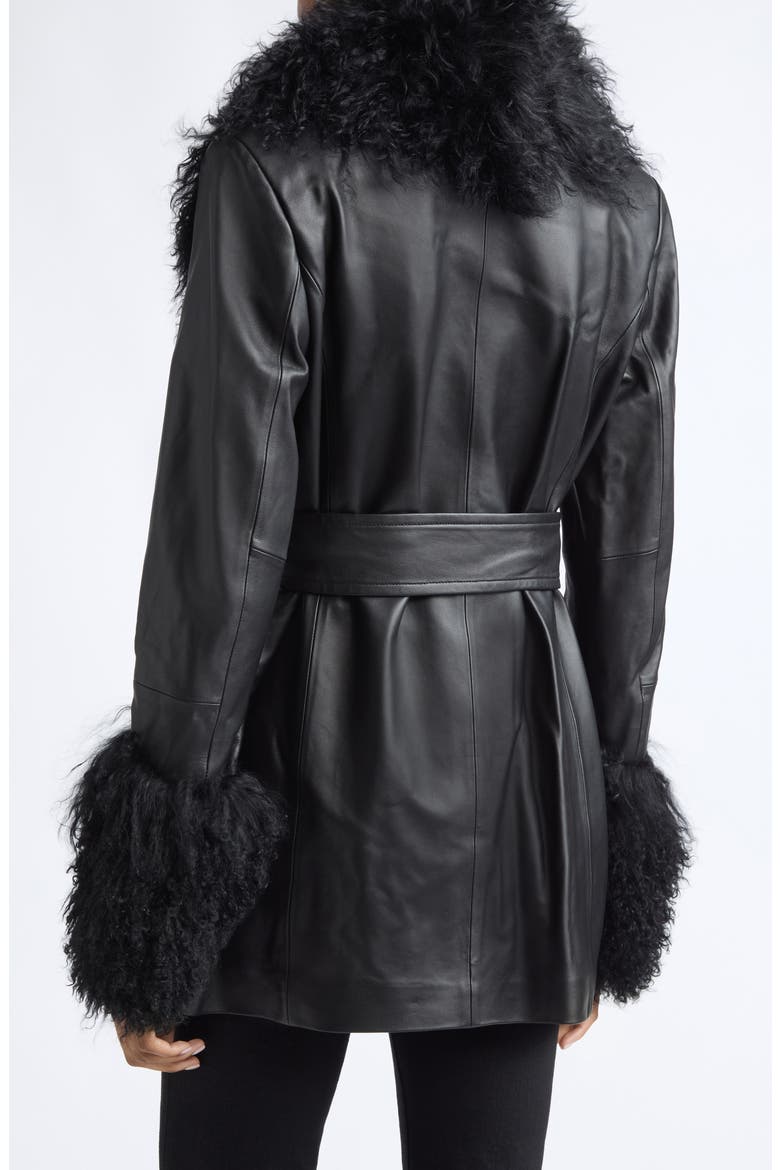 Mimmi Leather Jacket with Genuine Mongolian Shearling Trim, Alternate, color, BLACK