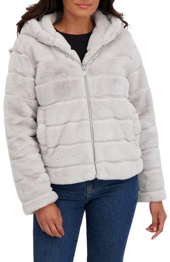 Sebby Hooded Faux Fur Jacket In Gray