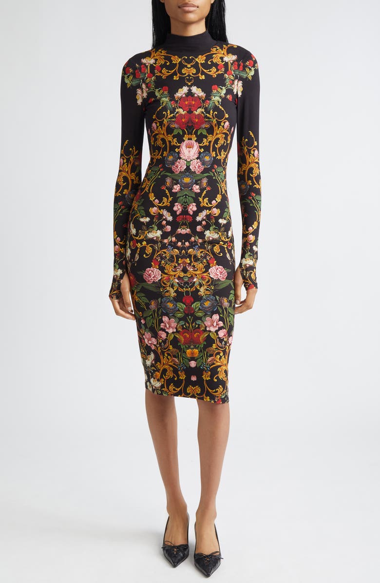 Alice + Olivia Delora Turtleneck Long Sleeve Body-Con Midi Dress, Main, color, Evermine