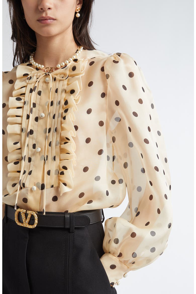 Polka Dot Ruffle Sheer Silk Organza Shirt, Alternate, color, AVORIO/NERO