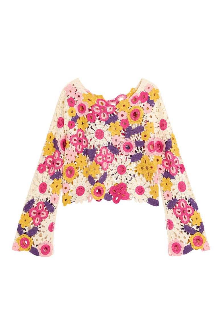 Floral Crop Cotton Blend Crochet Sweater, Alternate, color, OFF WHITE