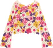 Desigual Floral Crop Cotton Blend Crochet Sweater