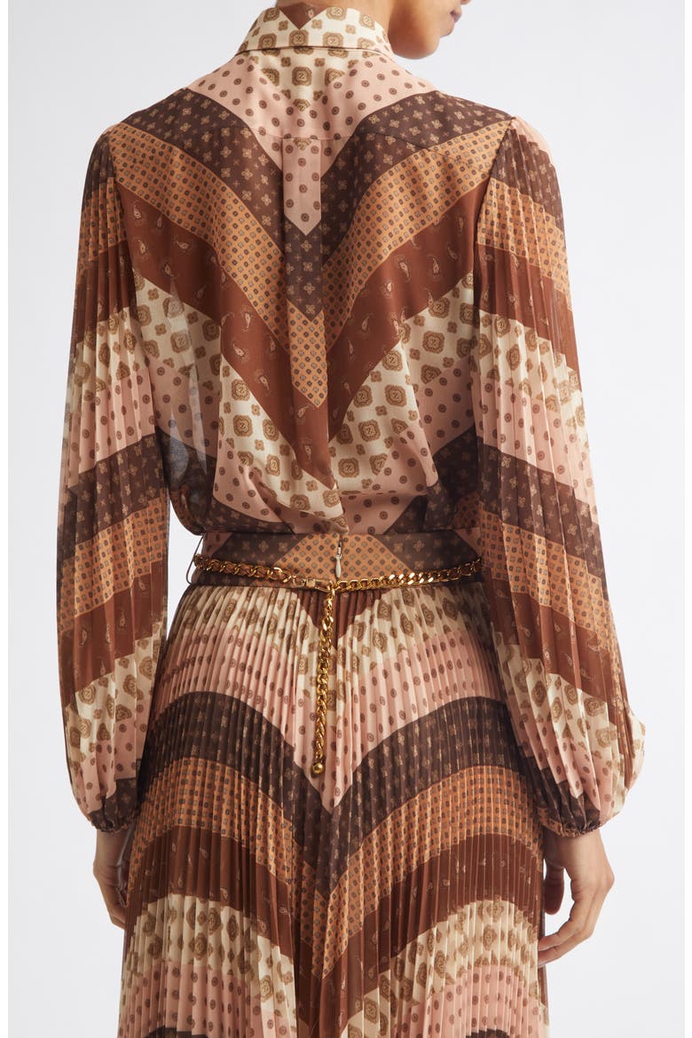 Sunray Chevron Foulard Tie Neck Shirt, Alternate, color, CHEVRON CHOCOLATE