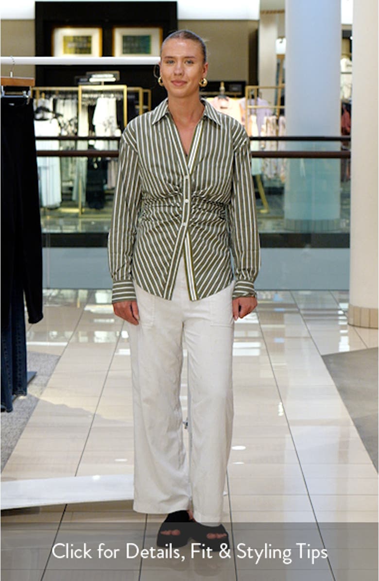 Devra Stripe Ruched Cotton Blend Button-Up Shirt, sales video thumbnail
