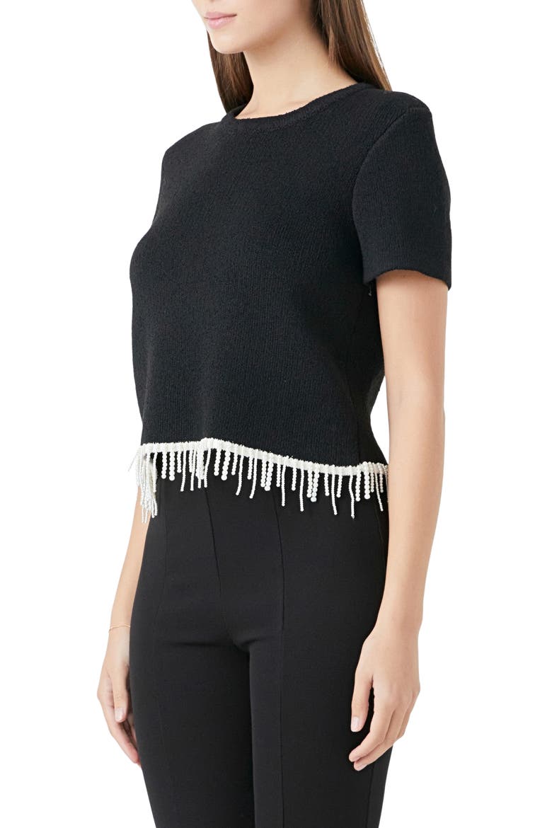 Imitation Pearl Hem Short Sleeve Sweater, Alternate, color, BLACK