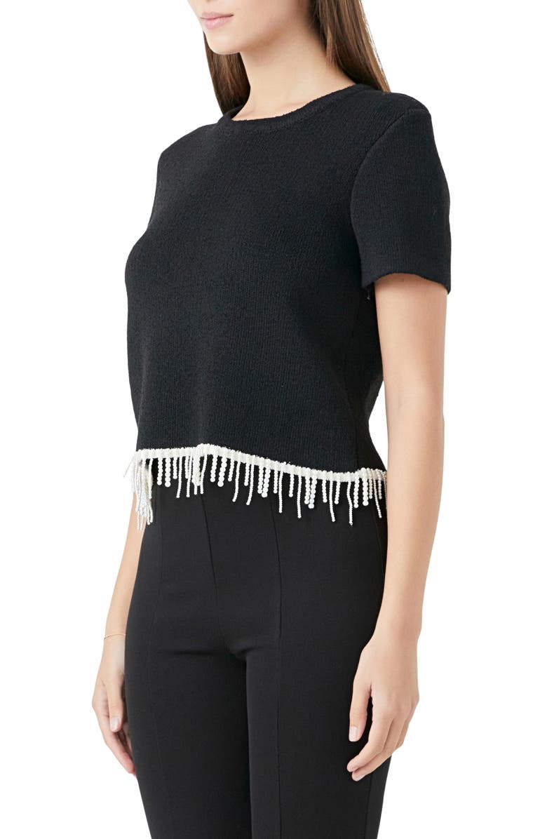 Endless Rose Imitation Pearl Hem Short Sleeve Sweater, Alternate, color, Black