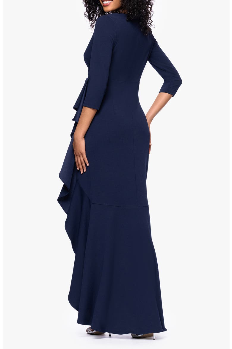Ruffle Scuba Crepe Faux Wrap High-Low Mermaid Gown, Alternate, color, NAVY
