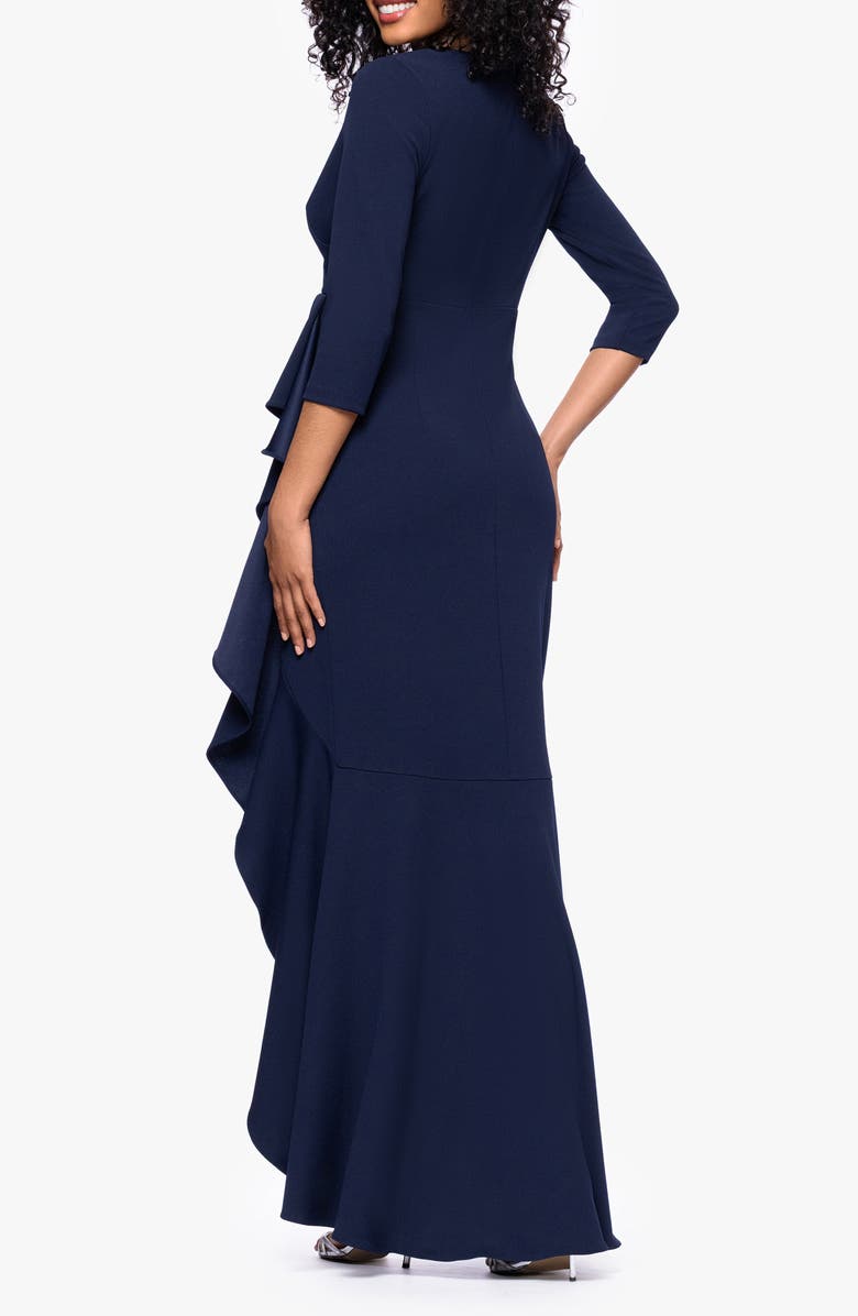Betsy & Adam Ruffle Scuba Crepe Faux Wrap High-Low Mermaid Gown, Alternate, color, Navy