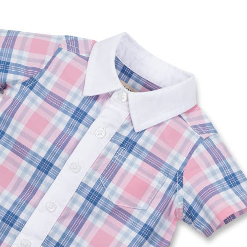 Hope & Henry Baby Poplin Button Front Romper, Infant In Fresh Pink And Blue Plaid