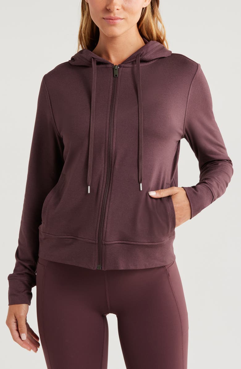 Zella Restore Soft Zip-Up Hoodie, Alternate, color, Burgundy Fudge