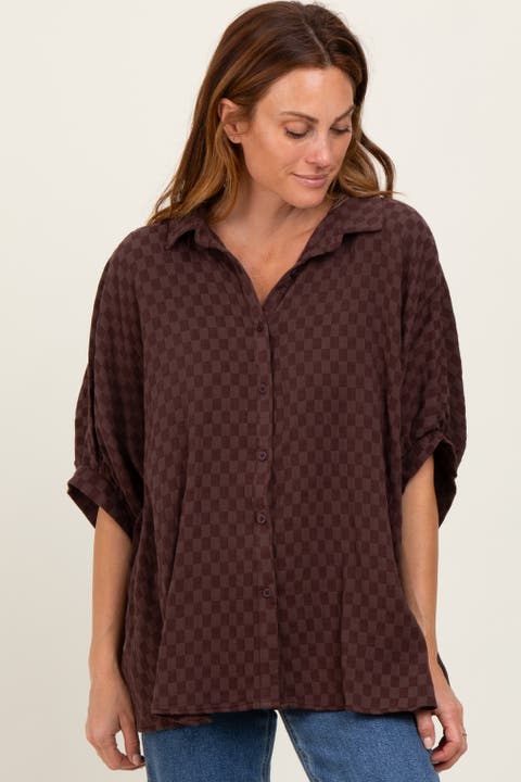 Checker Print Short Sleeve Oversized Blouse