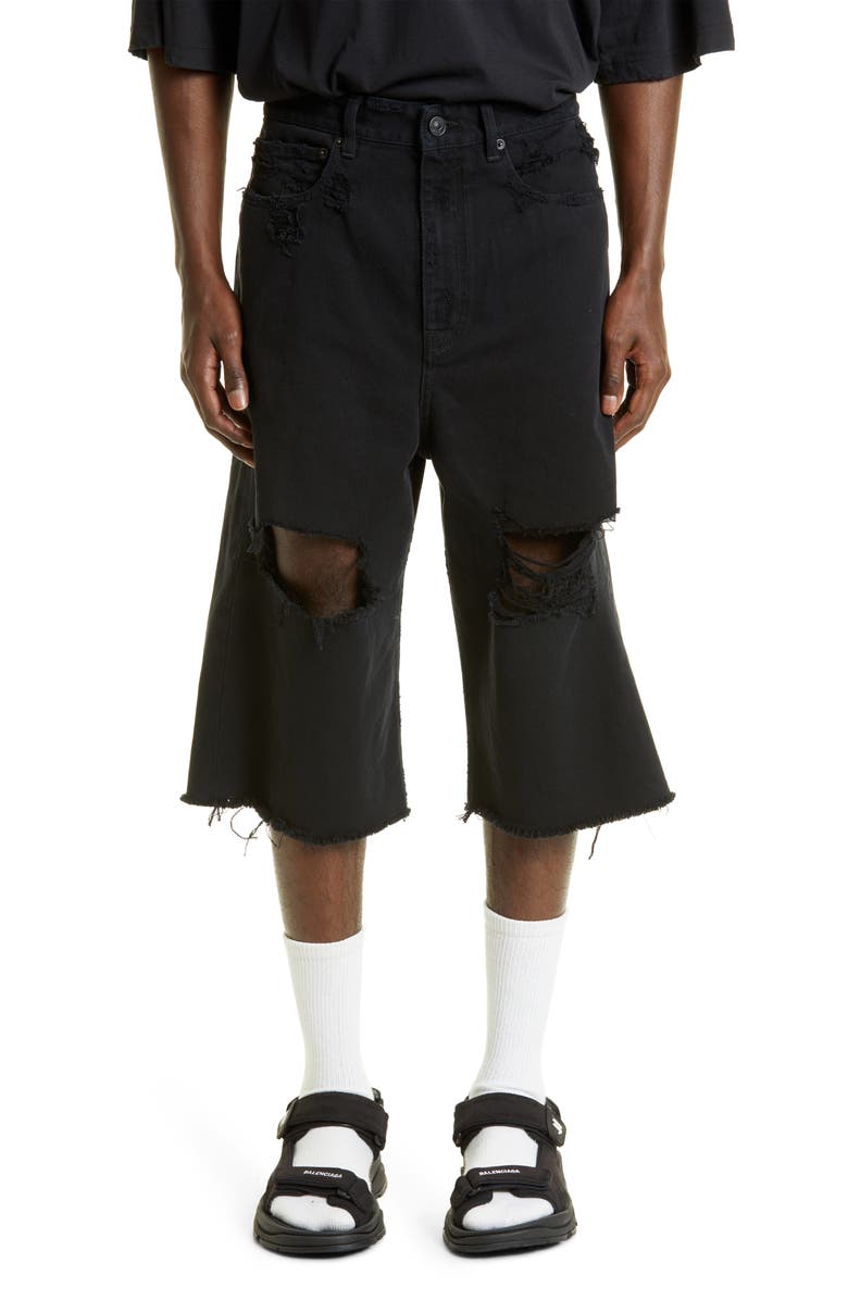 Balenciaga Baggy Destroyed Cutoff Denim Shorts, Main, color,
