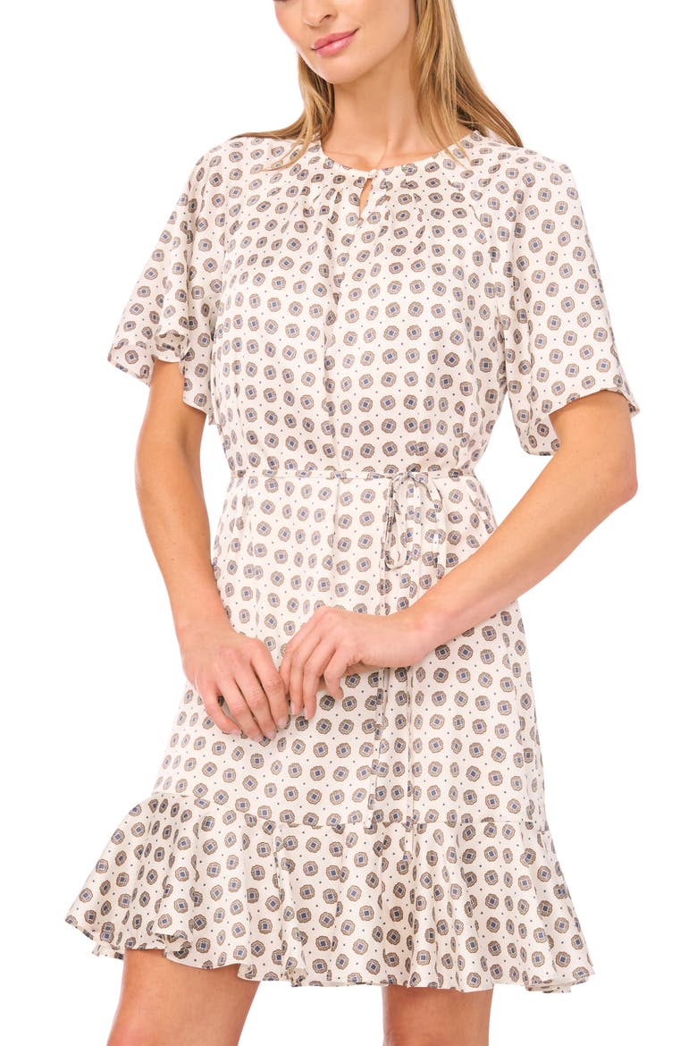 Medallion Print Short Sleeve Dress, Alternate, color, NEW IVORY
