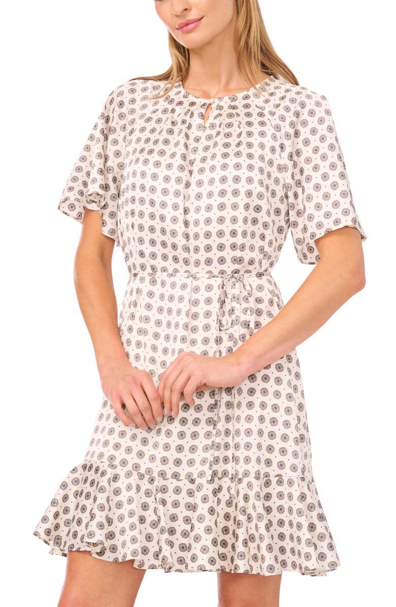CeCe Medallion Print Short Sleeve Dress, Alternate, color, New Ivory