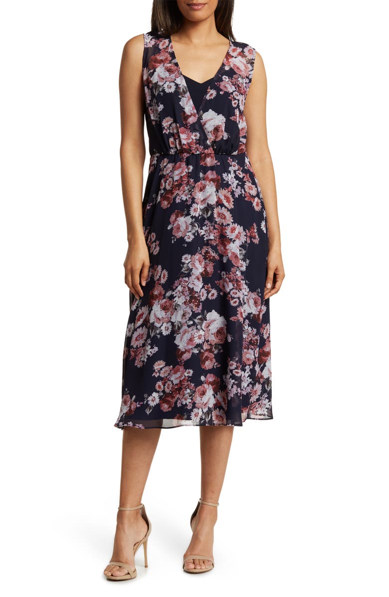 Connected Apparel Floral Sleeveless Chiffon Midi Dress, Main, color, 