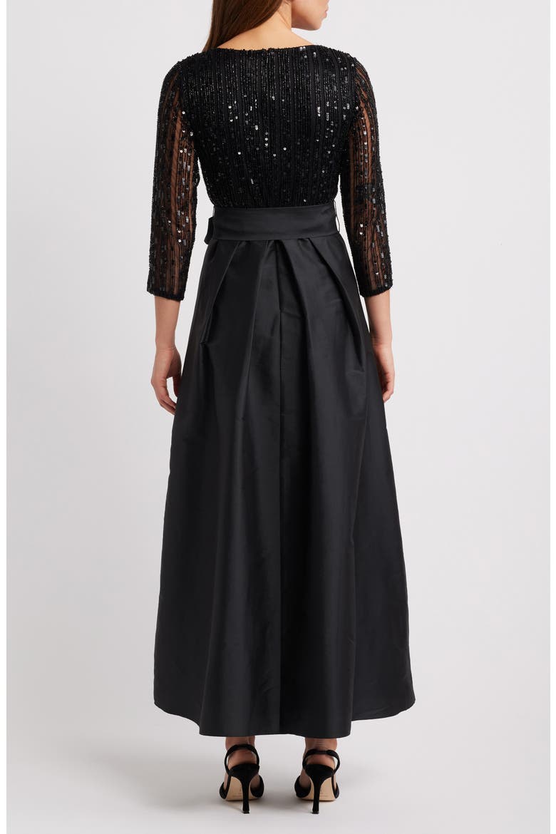 Bow Long Sleeve Sequin & Taffeta Gown, Alternate, color, BLACK