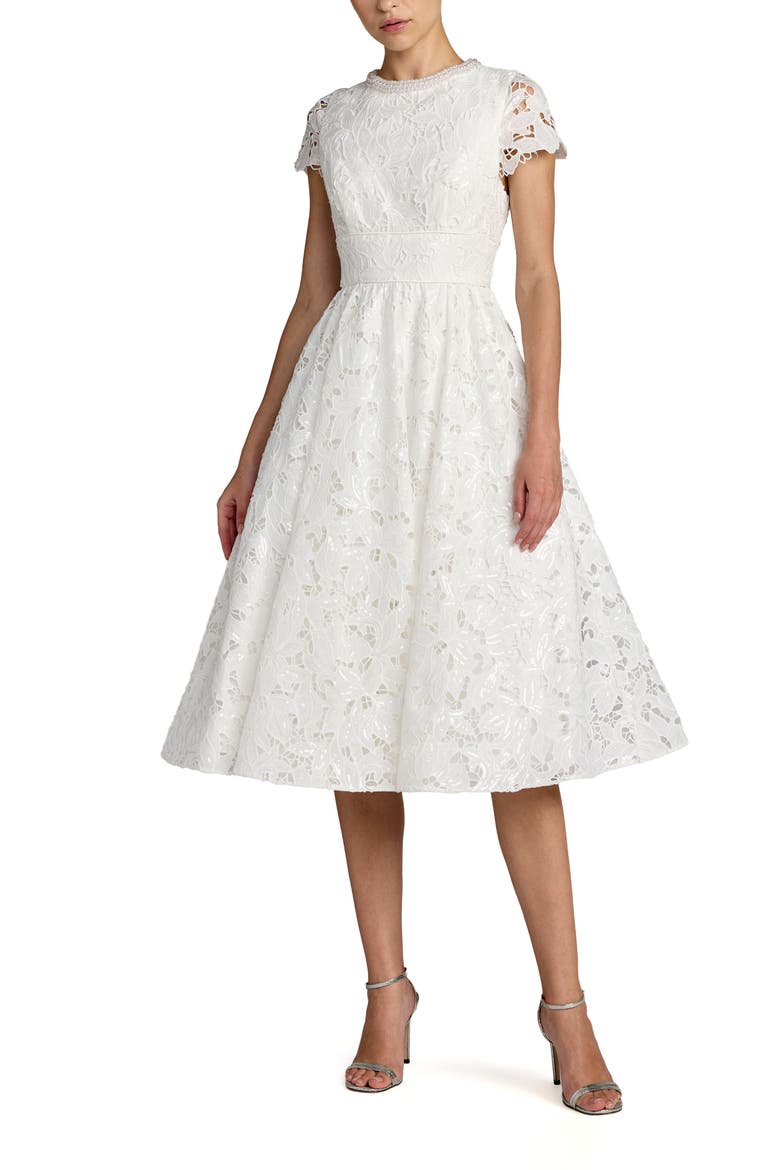 Petite Lace Embellished Cap Sleeves A Line Midi Dress, Main, color, Ivory