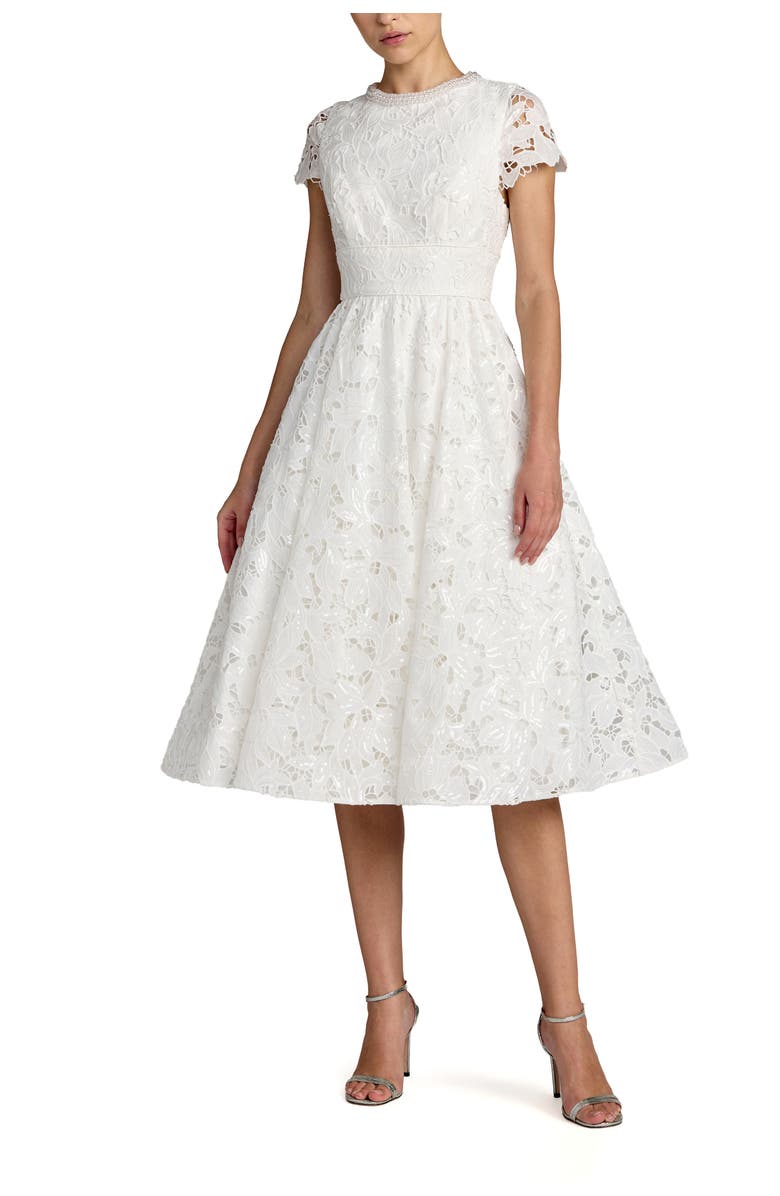 Mac Duggal Petite Lace Embellished Cap Sleeves A Line Midi Dress, Main, color, Ivory