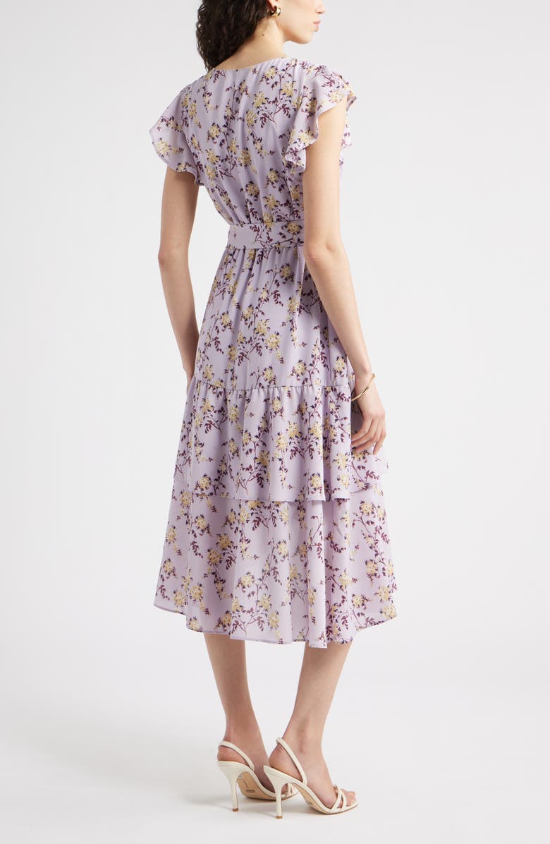 Chelsea28 Flutter Sleeve Faux Wrap Midi Dress, Alternate, color, Purple- Tan Melody Floral