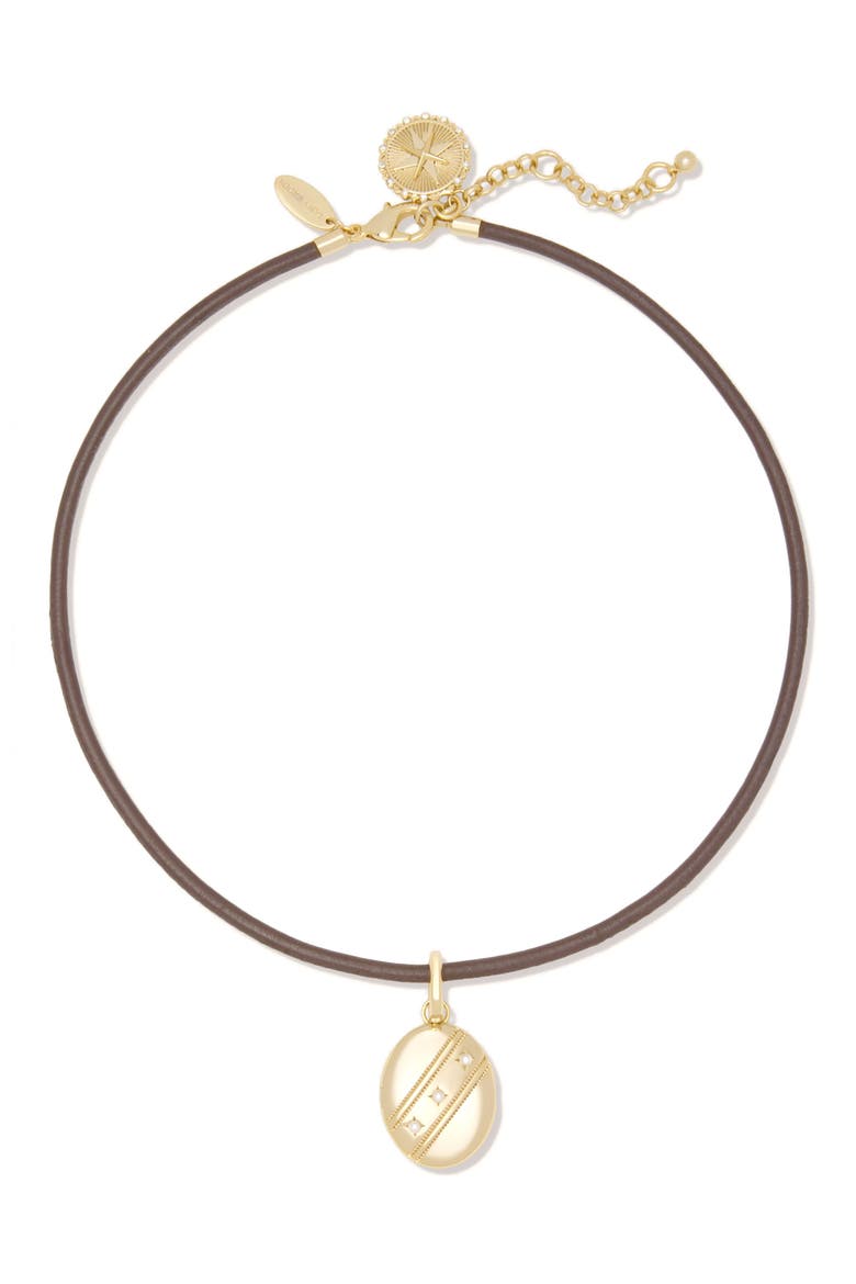 Cubic Zirconia Pendant Leather Collar Necklace, Main, color, BROWN/ GOLD