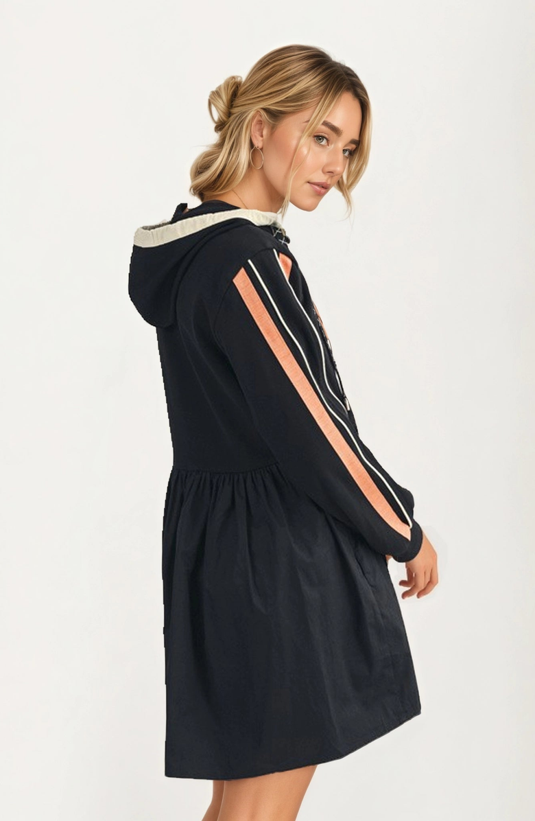 Knit and Lounge Sporty Hoodie Mini Dress with Half Zip and Contrast Sleeve Stripes, Alternate, color, Black