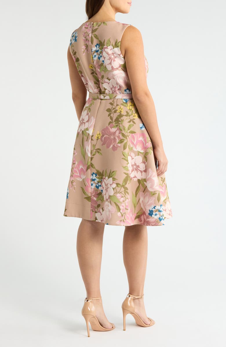 Tahari ASL Floral Belted Pleat Neck Dress, Alternate, color, Blush Toast