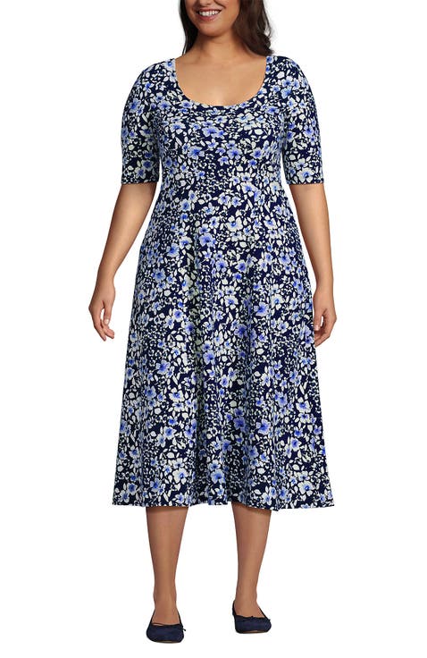 Plus Size Starfish Elbow Sleeve Midi Fit and Flare Dress