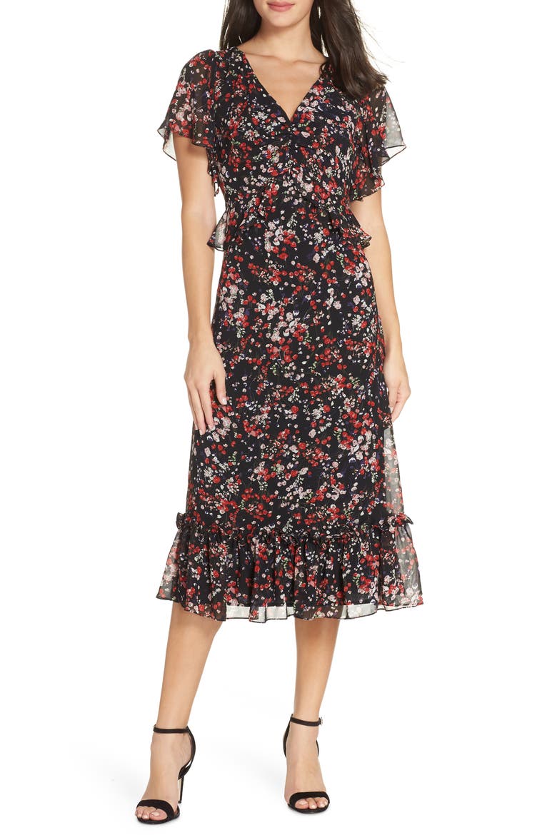 Floral Ruffle Midi Dress, Main, color, BLACK- RED SPRING BLOSSOMS