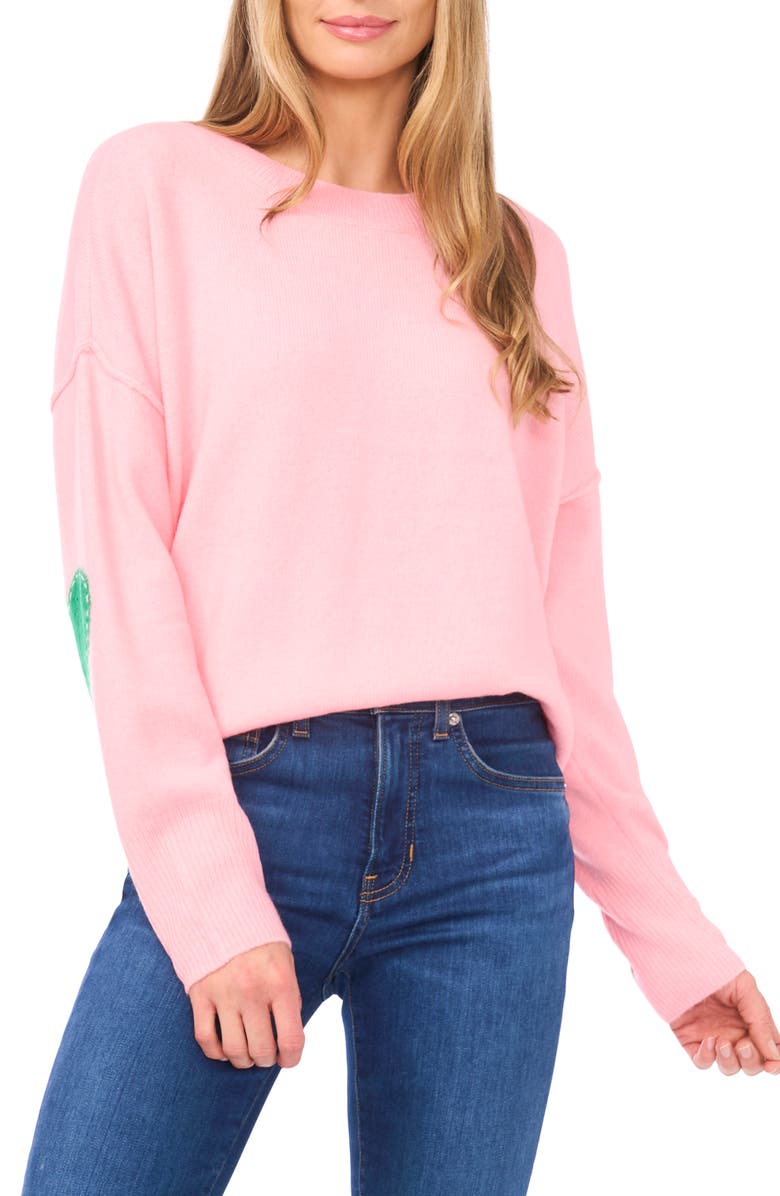 CeCe Heart Elbow Patch Sweater, Main, color, Prism Pink