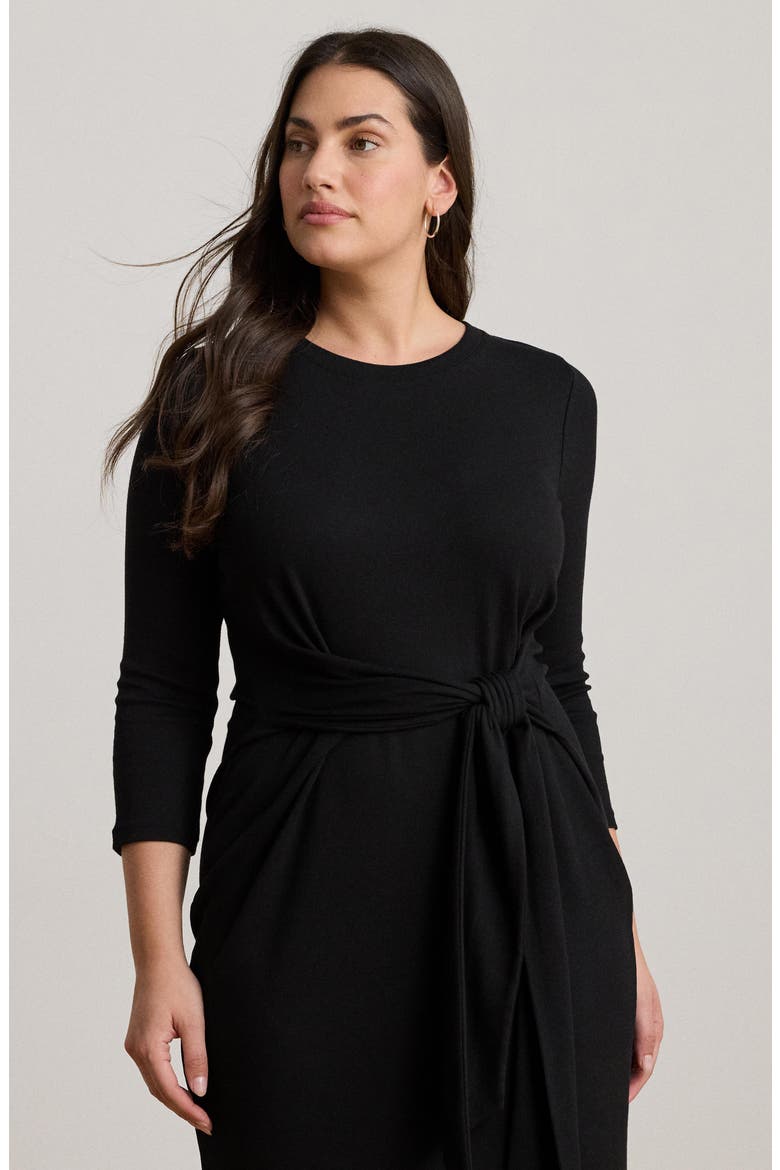 Tie Waist Rib Cotton Blend Midi Dress, Alternate, color, BLACK
