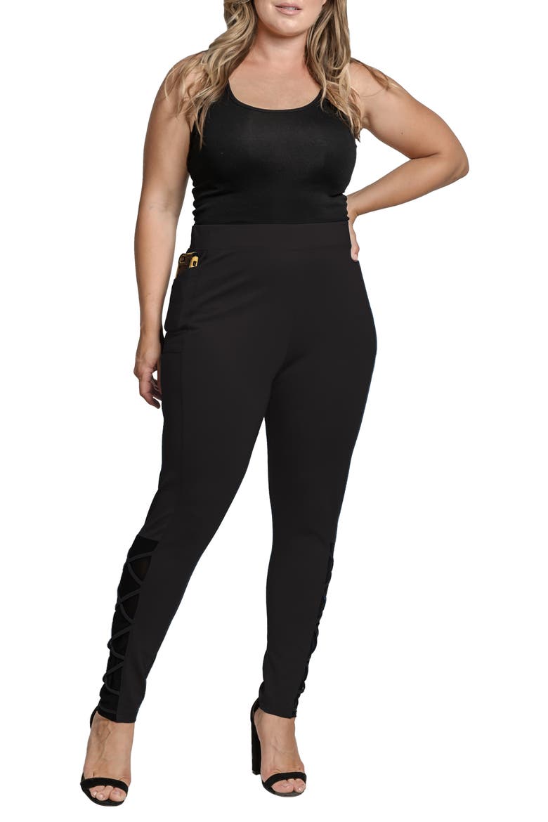 Interlaced Mesh Detail Leggings, Alternate, color, BLACK