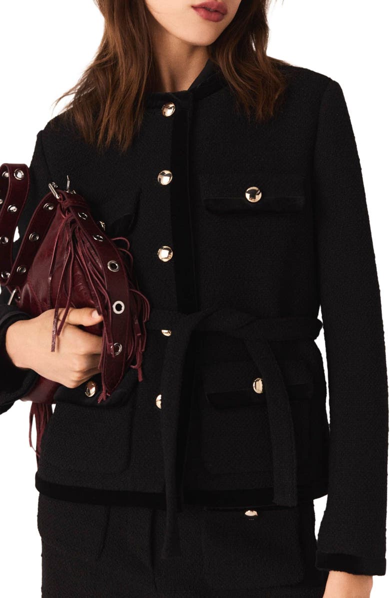 maje Long tweed jacket, Alternate, color, Black