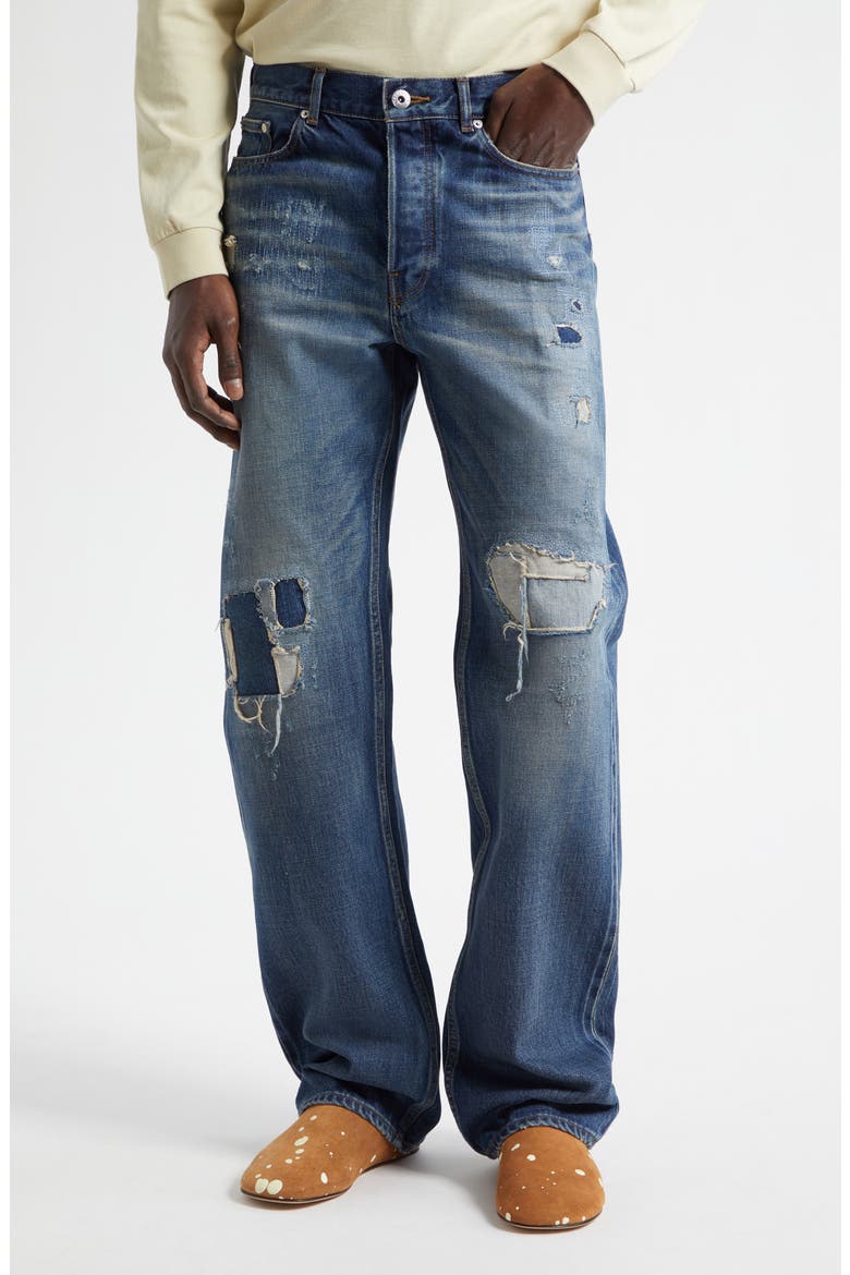 Rip & Repair Straight Leg Selvedge Jeans, Main, color, DARK BLUE